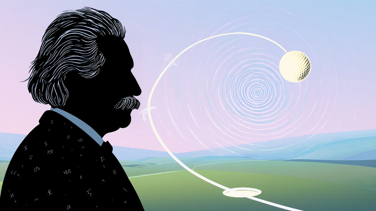 Abstract image of Einstein&#039;s mind blending with a golf ball&#039;s flight.