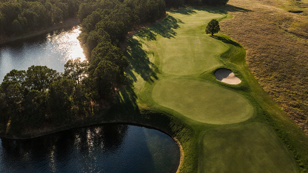 Aerial view of Bluejack National’s 16th hole, a long dogleg over a water hazard surrounded by trees and prairie.