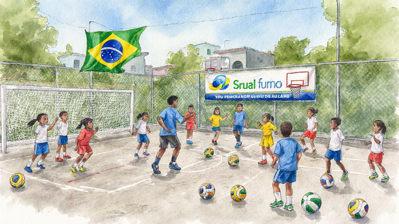 Children playing futsal at a community sports complex with colorful equipment and a coach.