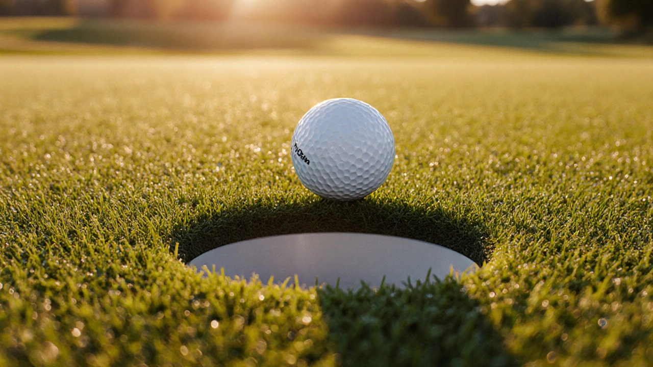 Close-up of a golf ball on the edge of a white cup on a dewy green at sunrise.