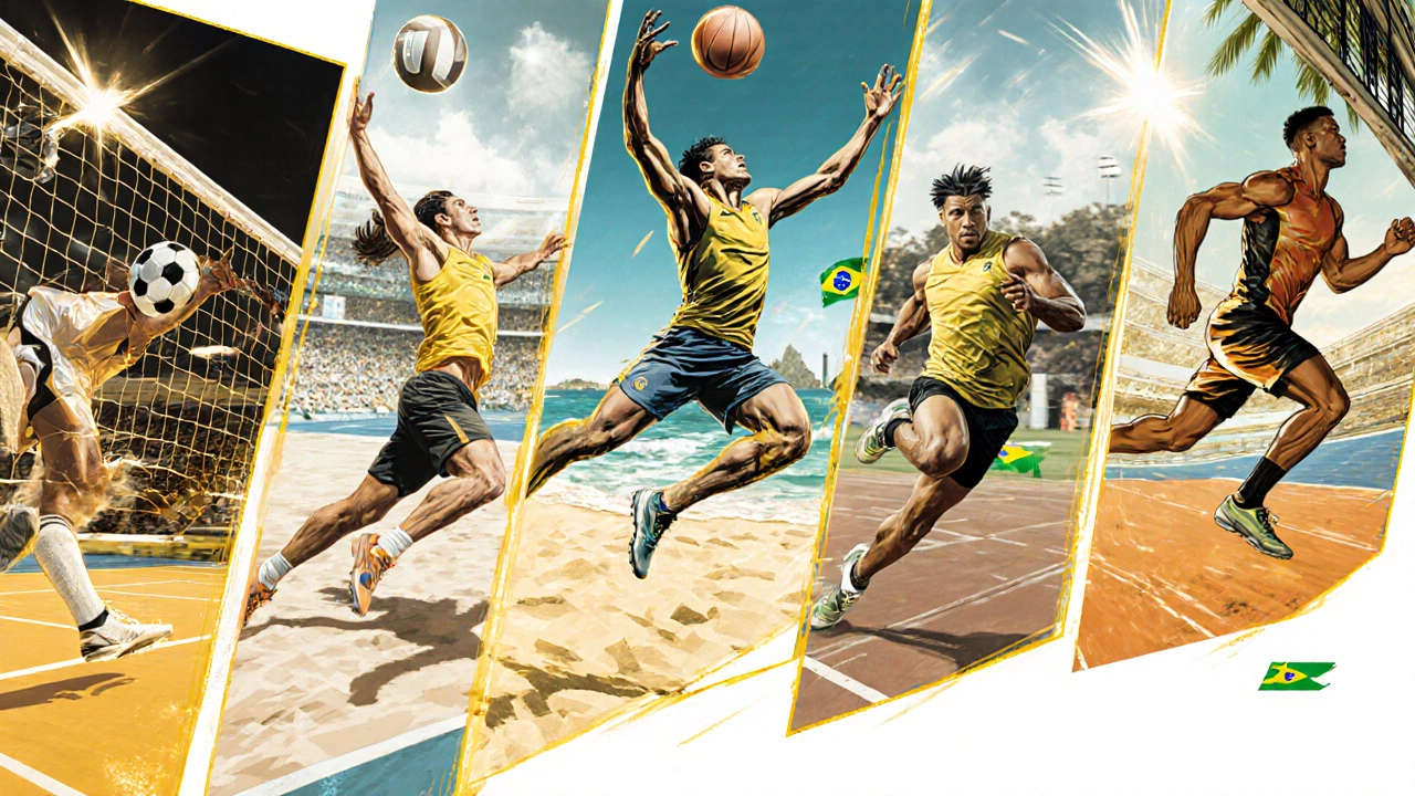 Collage of athletes in soccer, volleyball, basketball, rugby, and track celebrating victory.