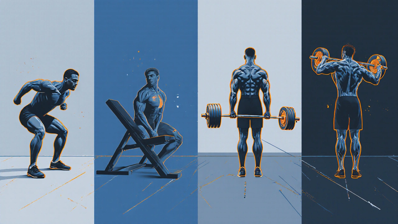 Collage of squat, bench press, deadlift, and overhead press in action.