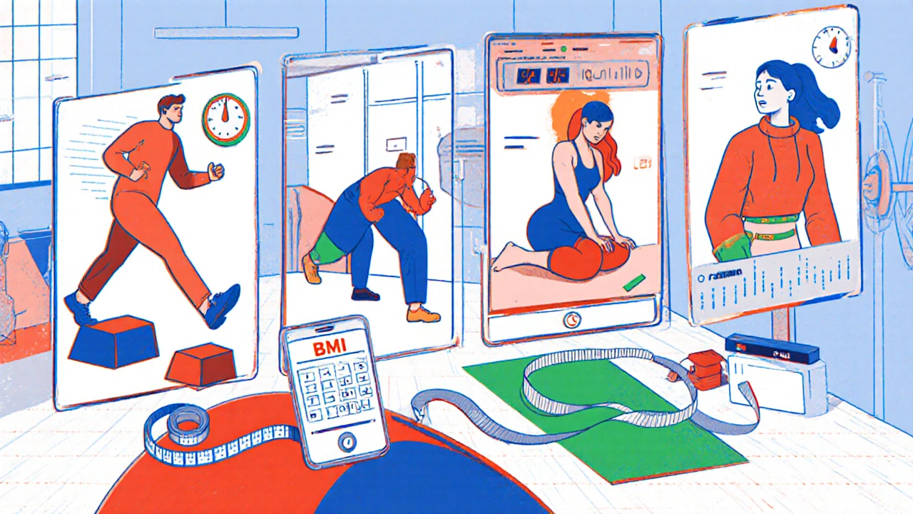 Collage of step test, push‑up, sit‑and‑reach, and BMI measurements in a gym.