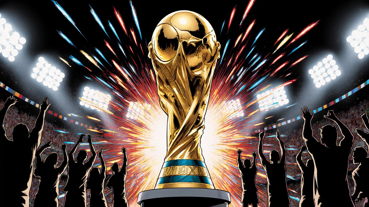 Comic‑style illustration of the World Cup trophy, fireworks, and jubilant fans.