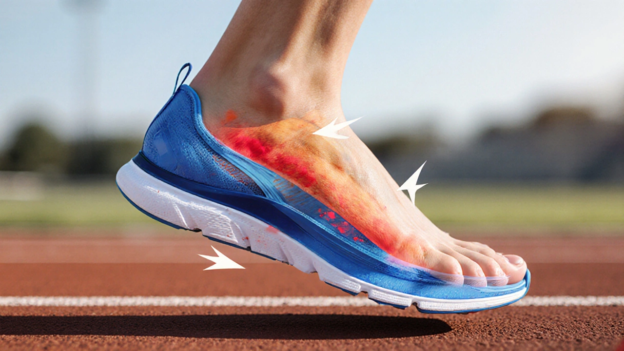 Cross‑section illustration of foot sliding in an oversized running shoe with friction zones.
