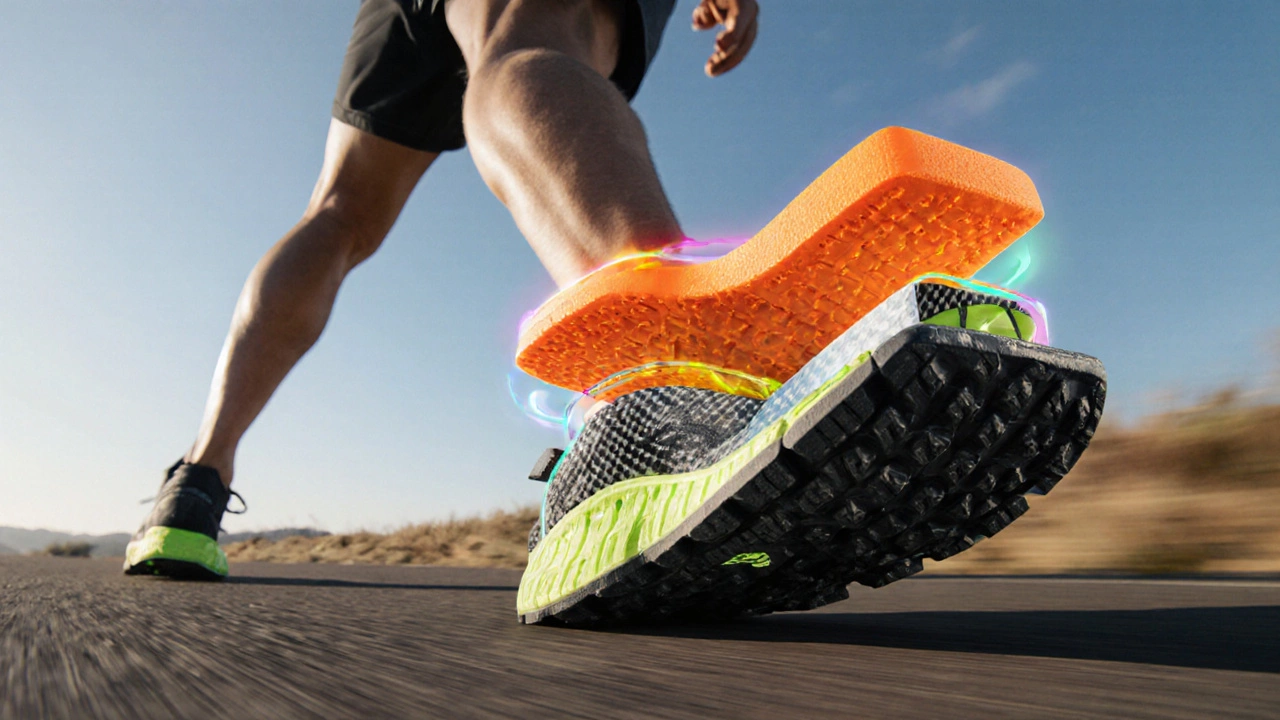 Cutaway illustration of Hoka shoe showing Meta‑Rocker, PROFLY foam, carbon plate, and Vibram outsole.