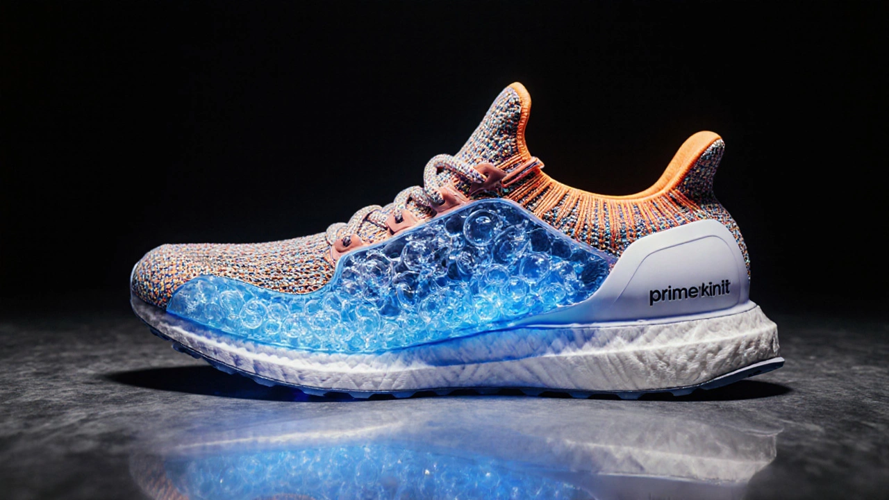Cutaway view of adidas Boost midsole showing TPU pods and Primeknit fibers.