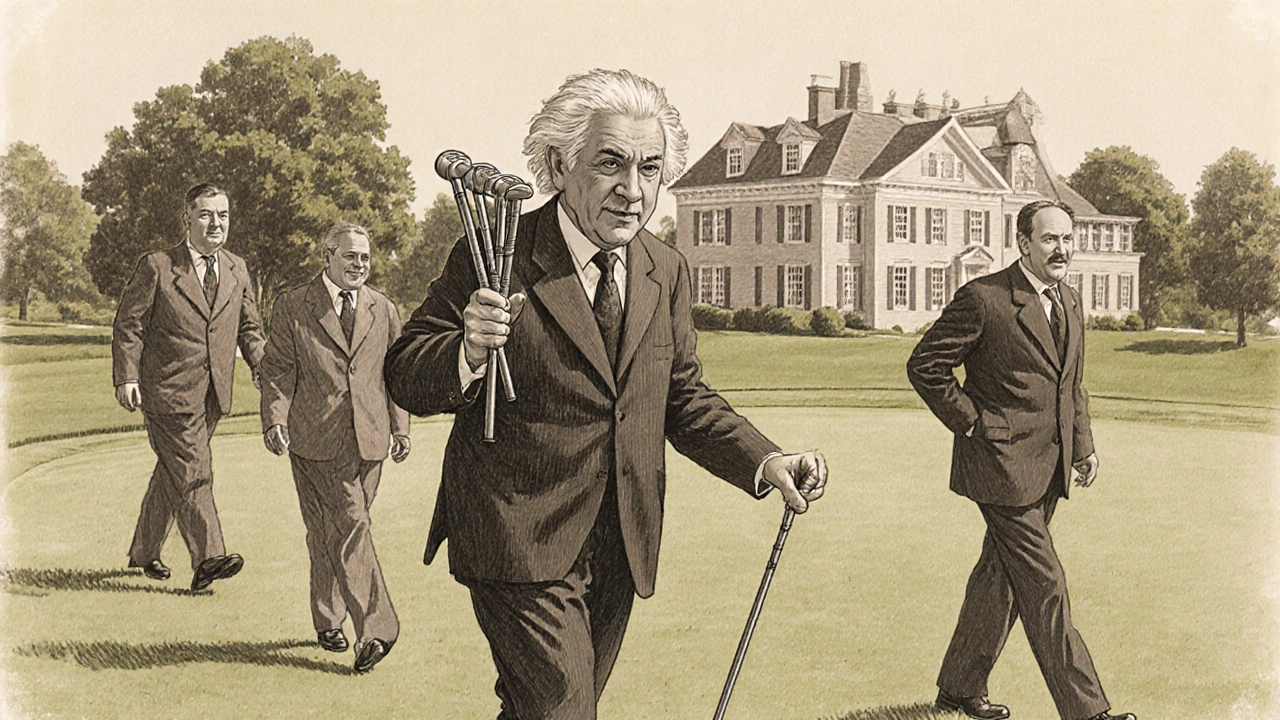 Einstein laughing with physicist friends on a 1940s golf course.