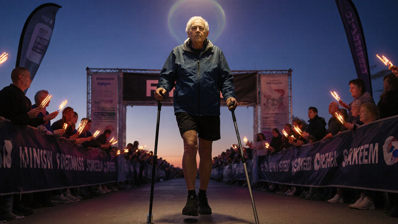Elderly walker with a stick crosses the marathon finish line under soft evening light.