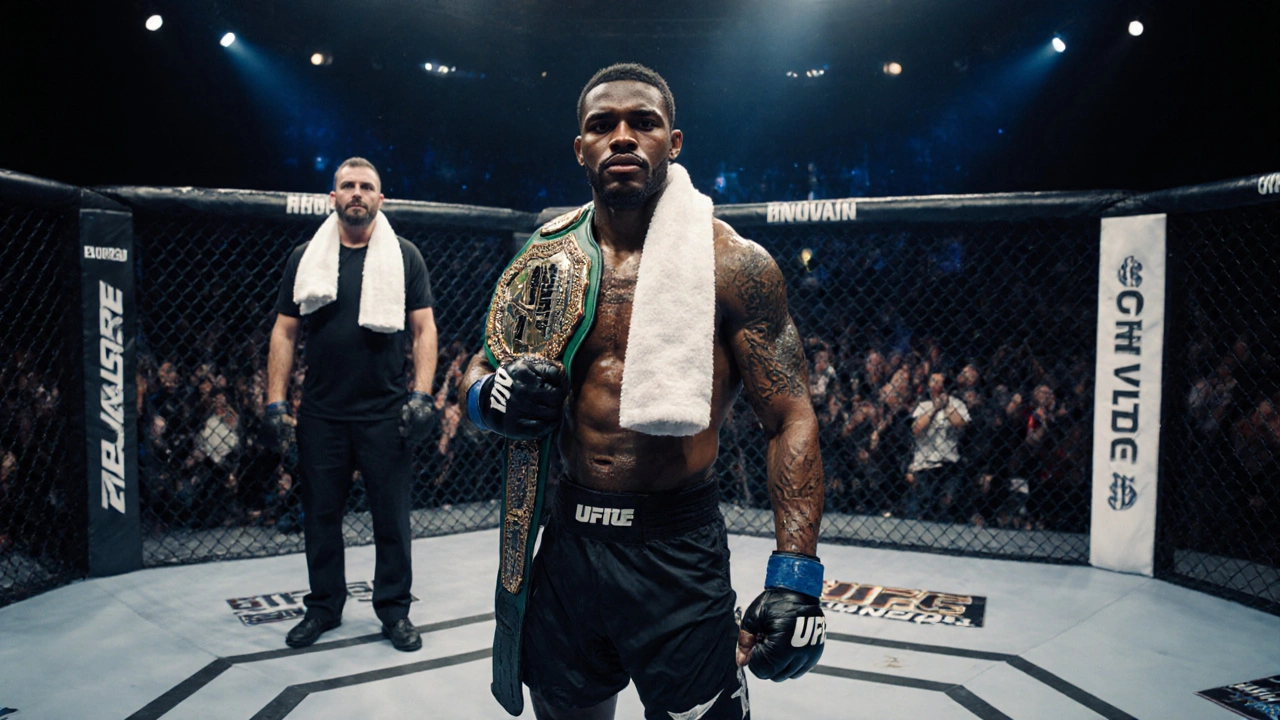 Former boxer celebrates in an MMA octagon, holding a belt with a coach watching.