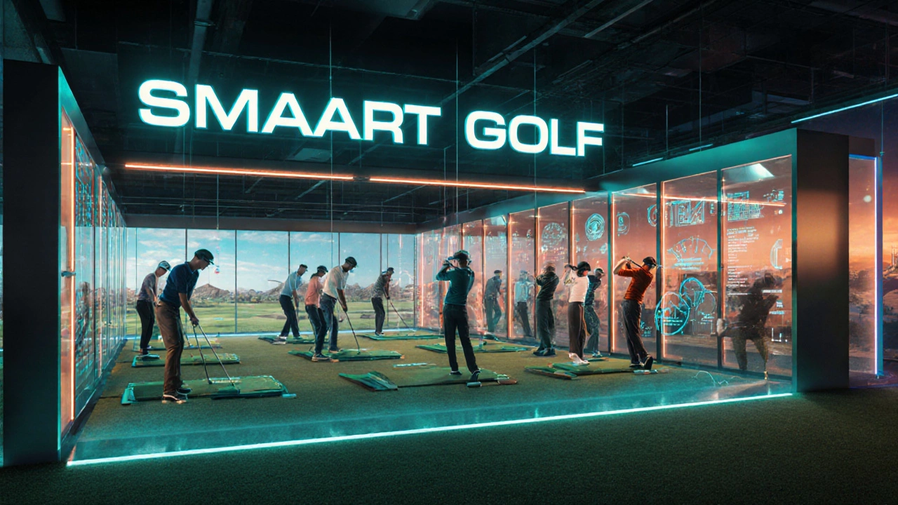 Futuristic golf academy with AI swing analysis stations, VR bays, and young players training.