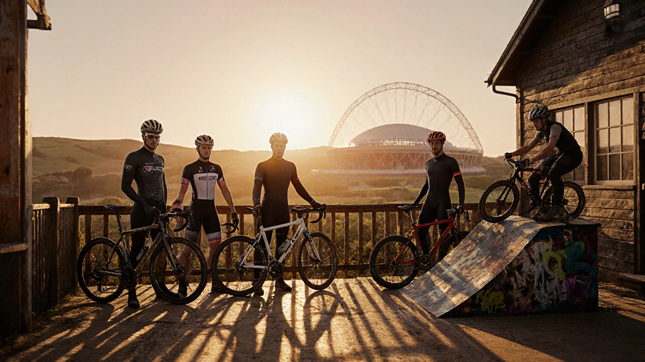 Group of cyclists at a bike shop, each with a bike from a different discipline.