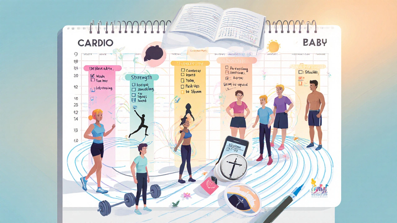 Illustration of a fitness roadmap showing cardio, strength, flexibility, and composition goals.