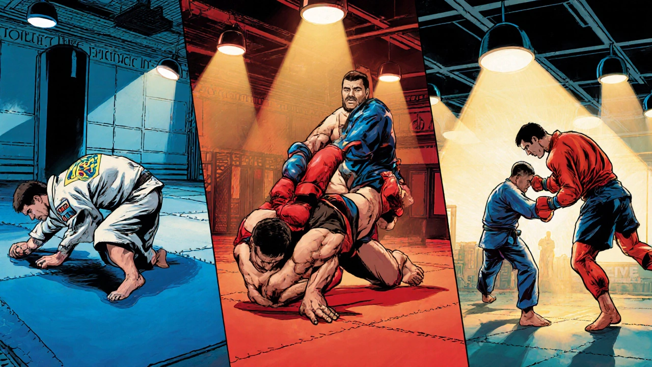 Illustration shows boxer training BJJ, wrestling, and Muay Thai in three adjacent zones.