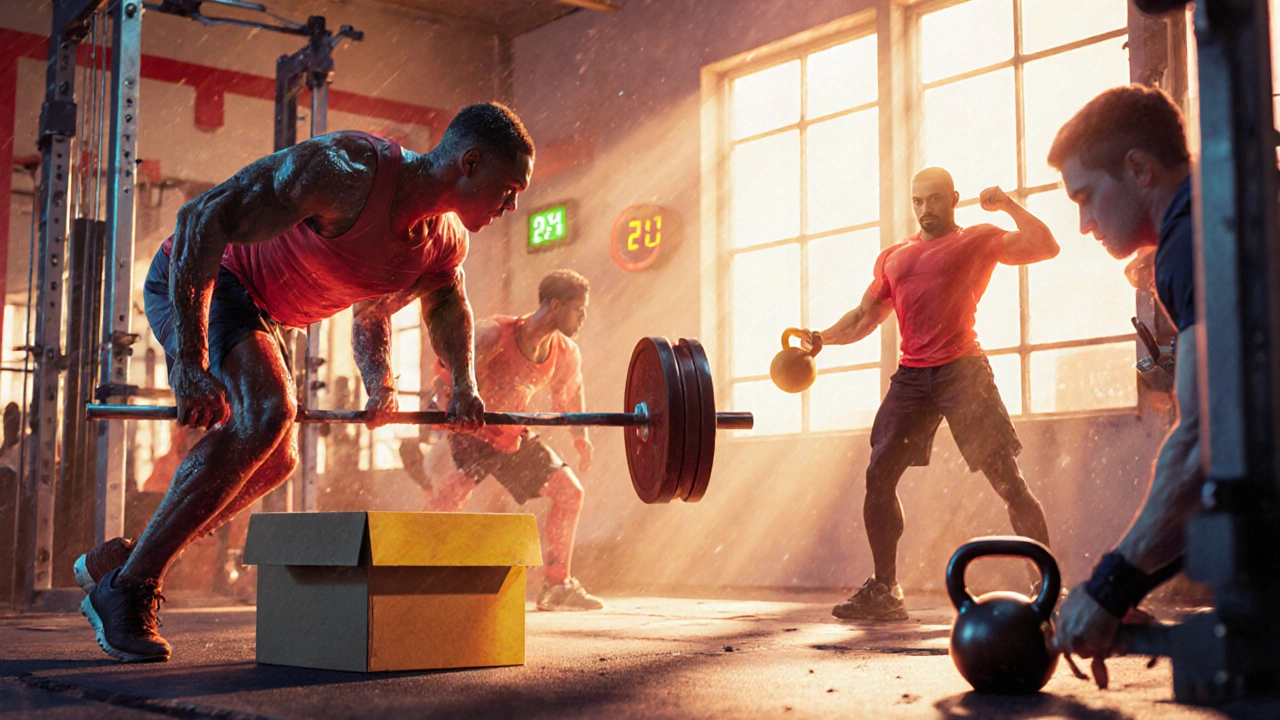 Midday gym with athletes doing HIIT, box jumps, and barbell lifts under bright light.