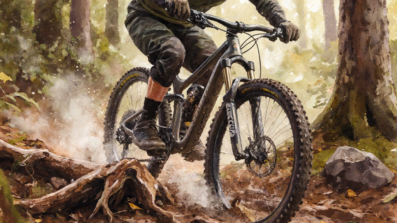 Mountain biker riding a rugged forest trail with rocks and roots.