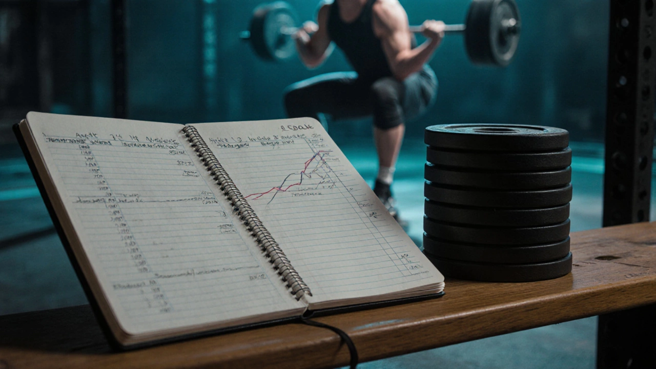 Notebook with workout logs and stacked plates indicating progress in a quiet gym.