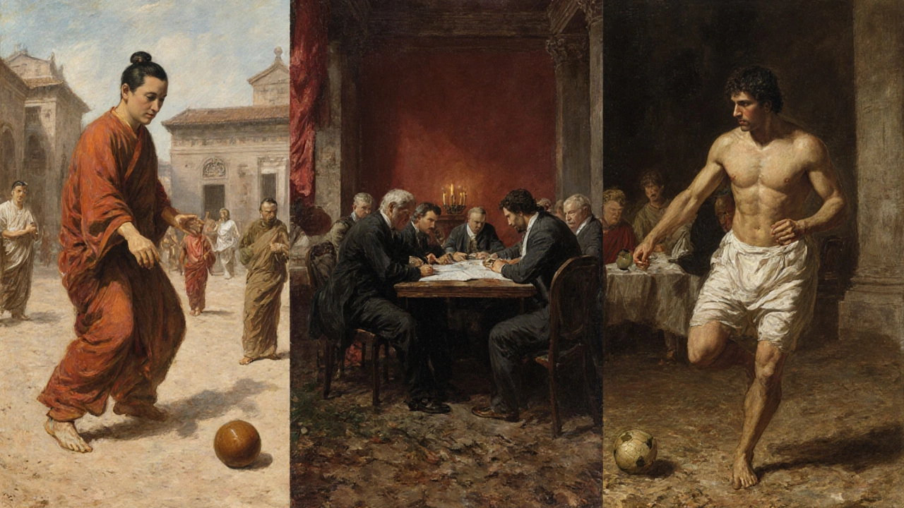 Oil painting showing ancient Cuju, Roman Harpastum, and 1863 FA meeting.