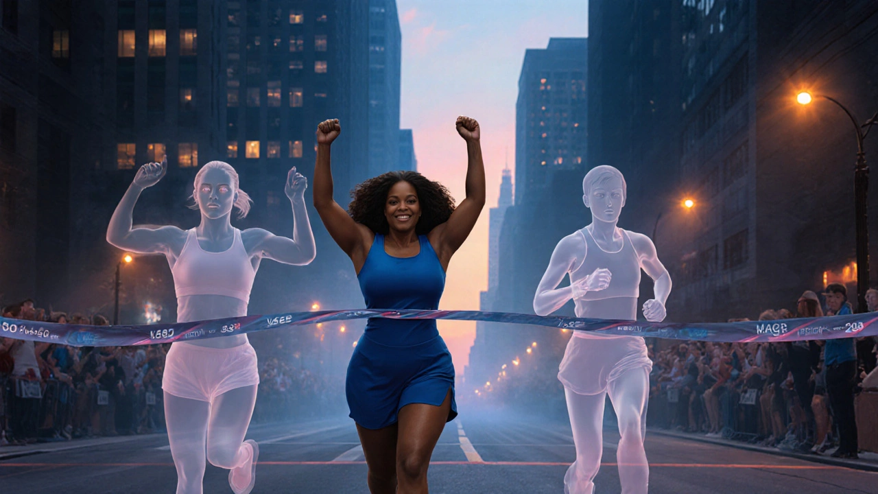 Oprah crossing the marathon finish line beside silhouettes showing slower and faster runners.