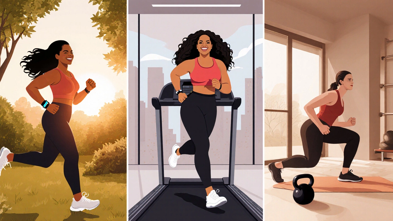 Oprah training: long run in a park, tempo run on treadmill, and strength exercises.