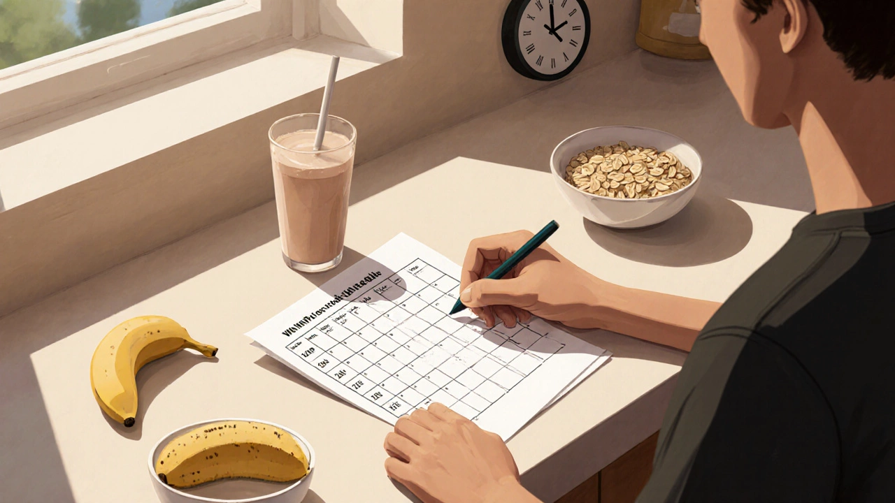Person planning workout schedule beside banana, protein shake, and oats.