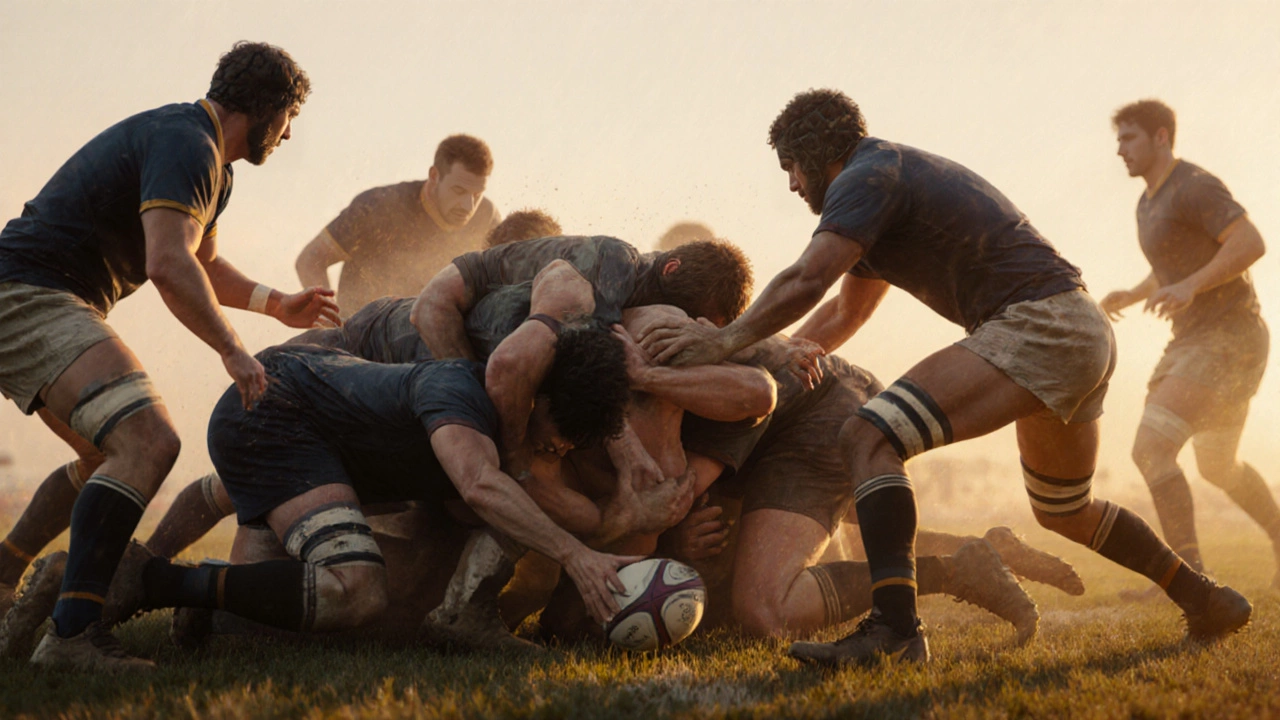 Players in a ruck passing the ball with their feet, no hands reaching in.