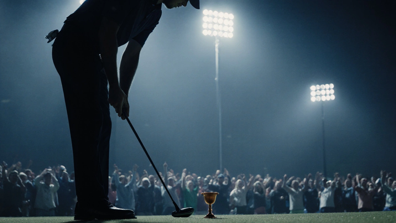 Pro golfer&#039;s focused eye and small cup under stadium lights during a putt.