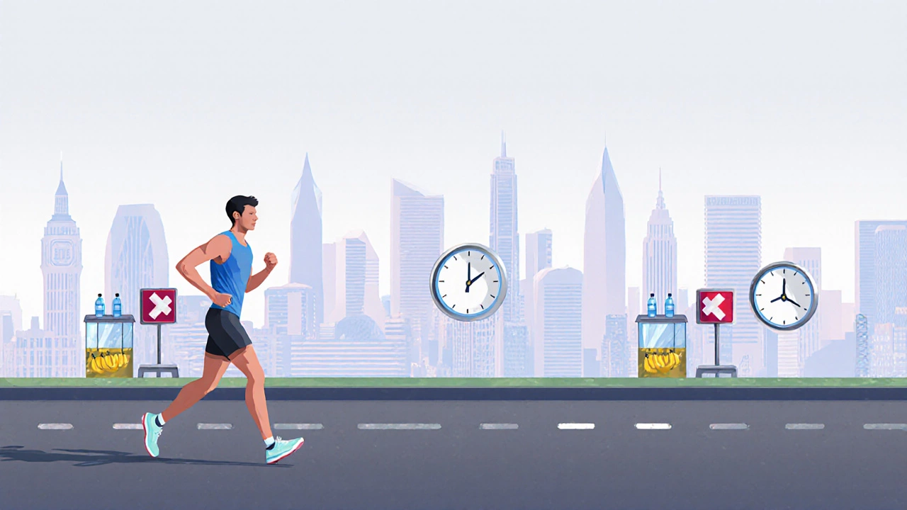 Runner alternating jog and walk past aid stations, with faint city skyline silhouettes behind.