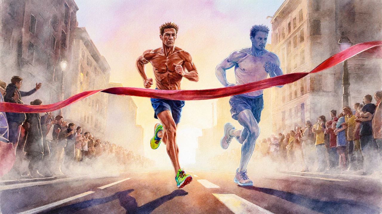 Runner crossing finish line with a translucent slower silhouette behind, showing negative split.