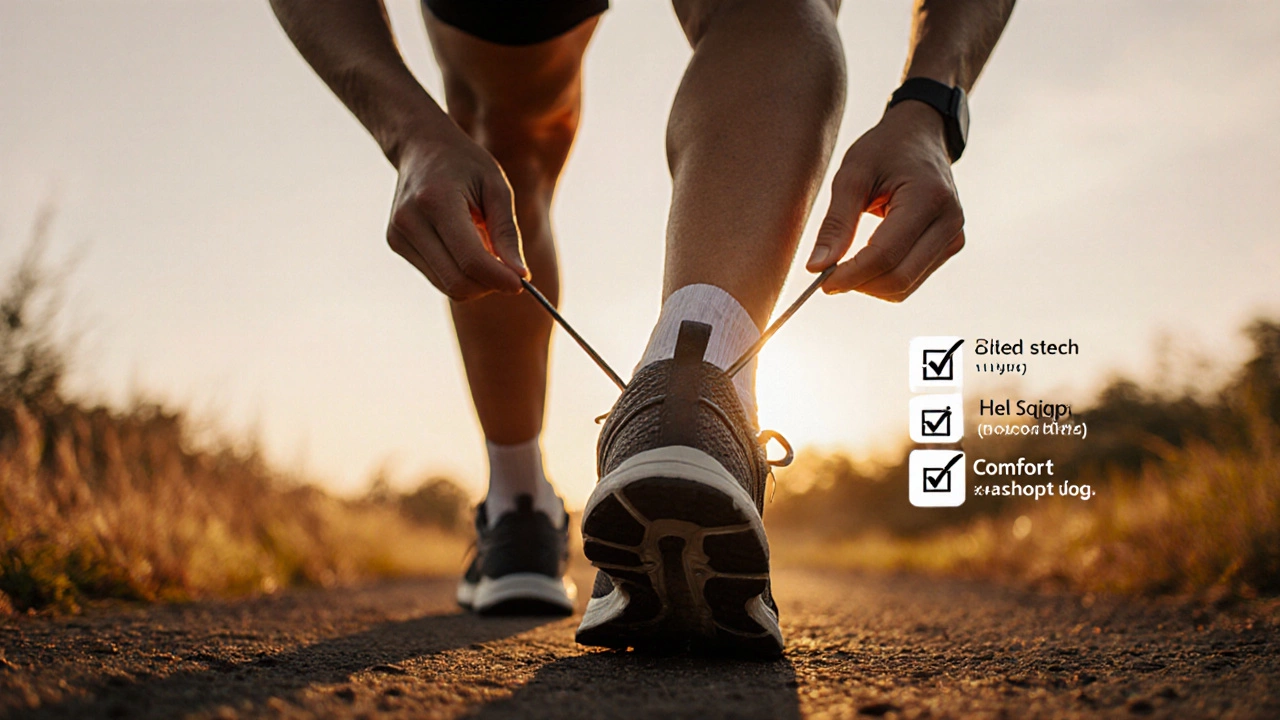 Runner tying a heel‑lock knot on a snug shoe with insole and checklist icons at dusk.