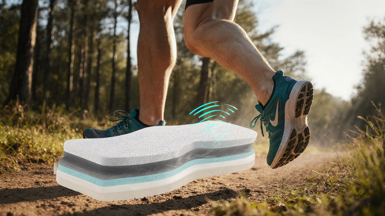 Runner with transparent view showing collapsed shoe midsole versus new cushioning