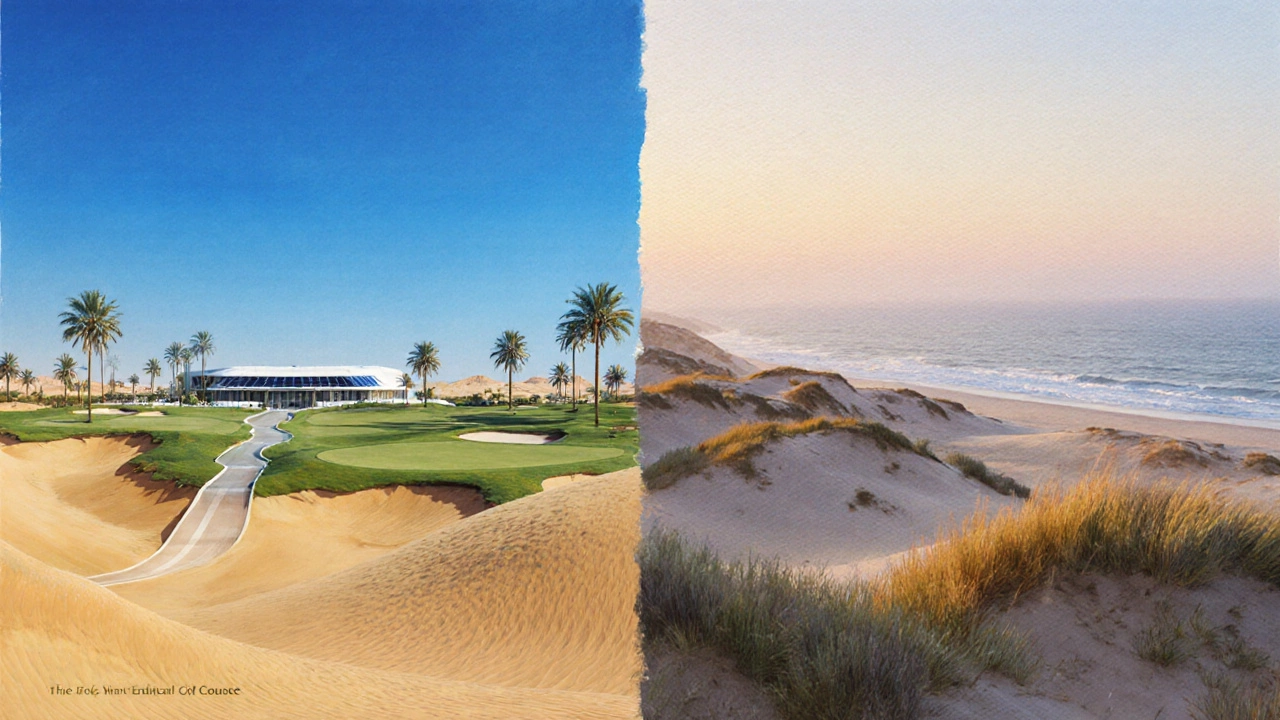 Split illustration of a futuristic desert golf course in Egypt next to Pacific Dunes on the coast.
