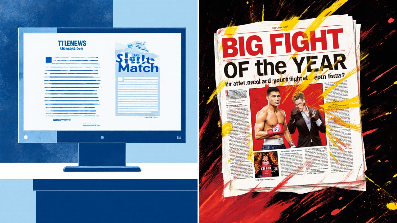 Split view of a US press release &quot;Title Match&quot; and UK tabloid &quot;Big Fight&quot; headline.