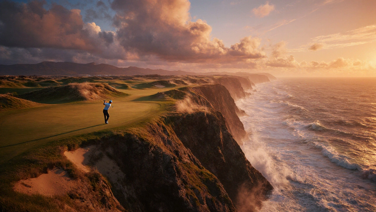 Sunset scene of the 14th hole at Pacific Dunes, showing a golfer on a cliff edge above the sea.