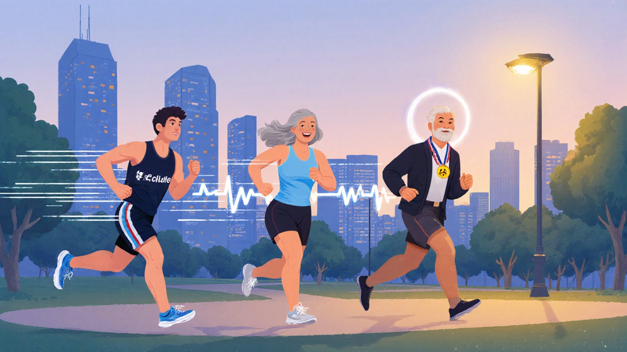Three runners of different ages on a park loop, each reflecting health, competition, and age‑group goals.