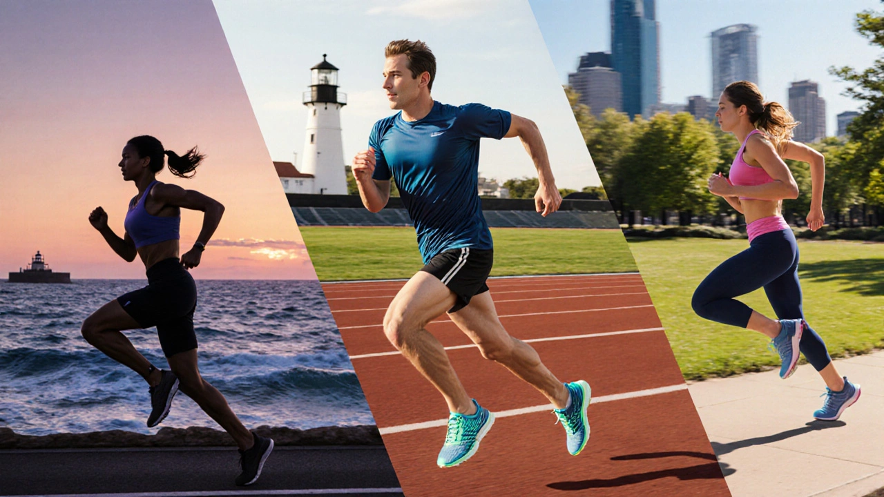Three runners wearing UltraBoost, Adizero Boston, and Solar Glide in different settings.