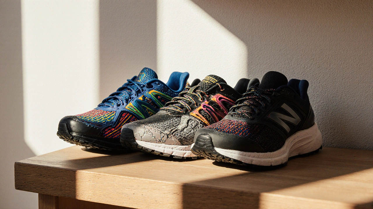 Three running shoes side by side showing wear progression from new to degraded