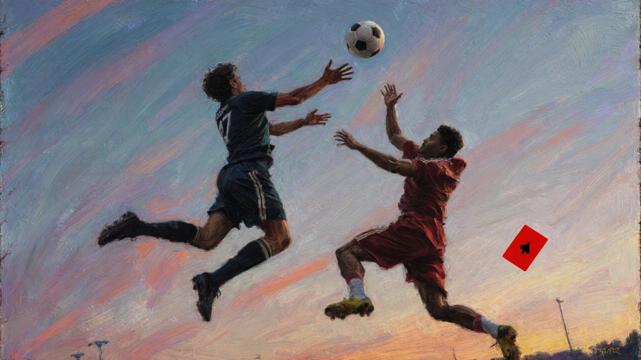 Two players contesting a high ball in mid-air without contact.
