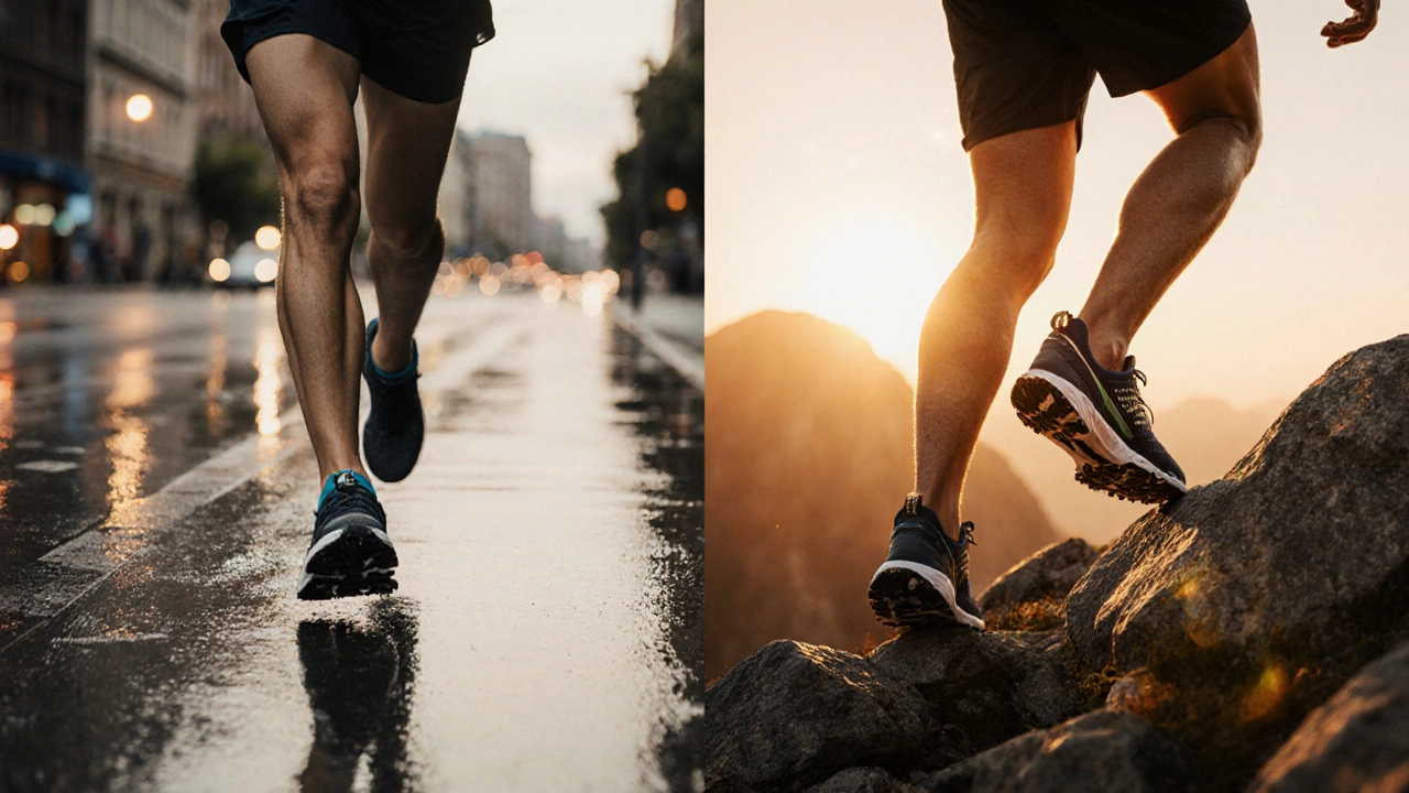 Two runners: one on city pavement in Clifton shoes, another on rocky trail in Speedgoat shoes at sunset.