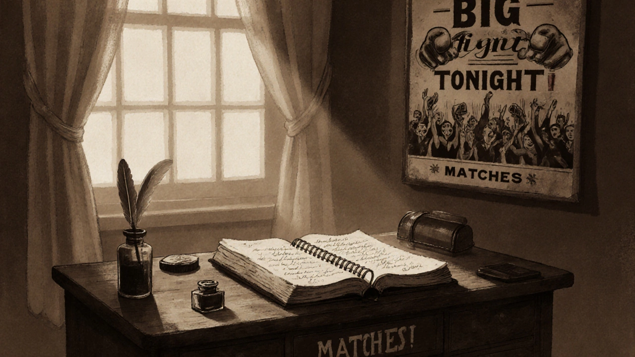 Vintage office with a &quot;Big Fight Tonight&quot; poster and old match ledger.