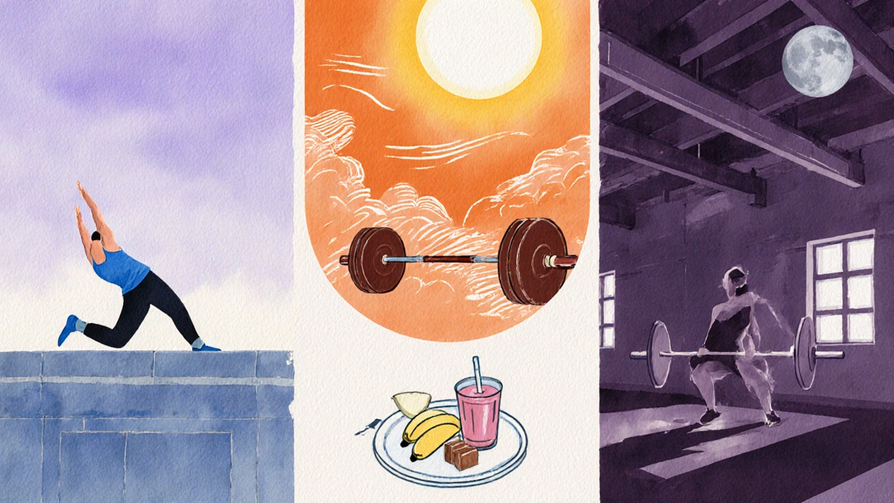 Watercolor collage of dawn yoga, midday lifting, and evening strength sessions.