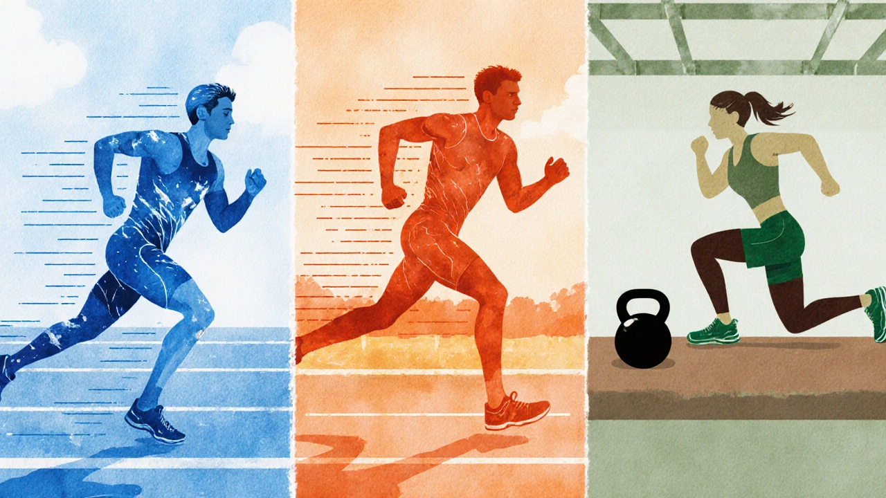 Watercolor split scene of interval sprint, tempo run, and strength training exercises.