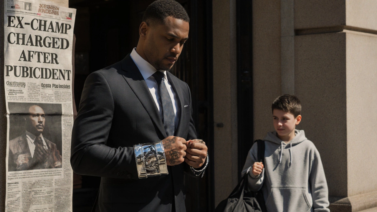 A former champion outside a courtroom, scarred hands visible, facing the consequences of a street fight.
