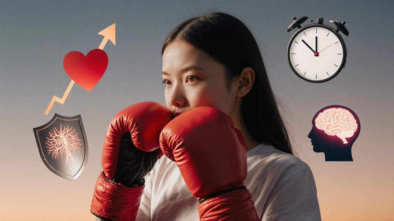 A girl&#039;s gloved hands with symbolic elements floating around them, representing strength and mental growth.