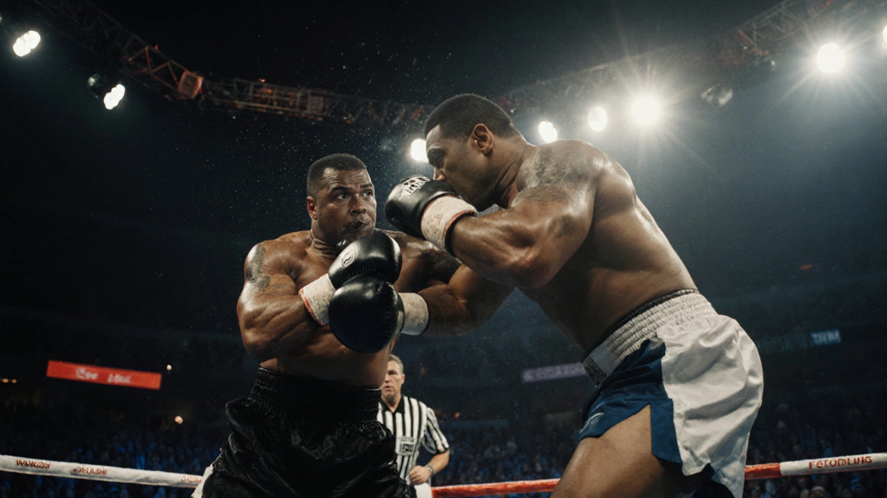 A retired champion unexpectedly lands a hard punch in an exhibition, referee intervening as crowd reacts in shock.