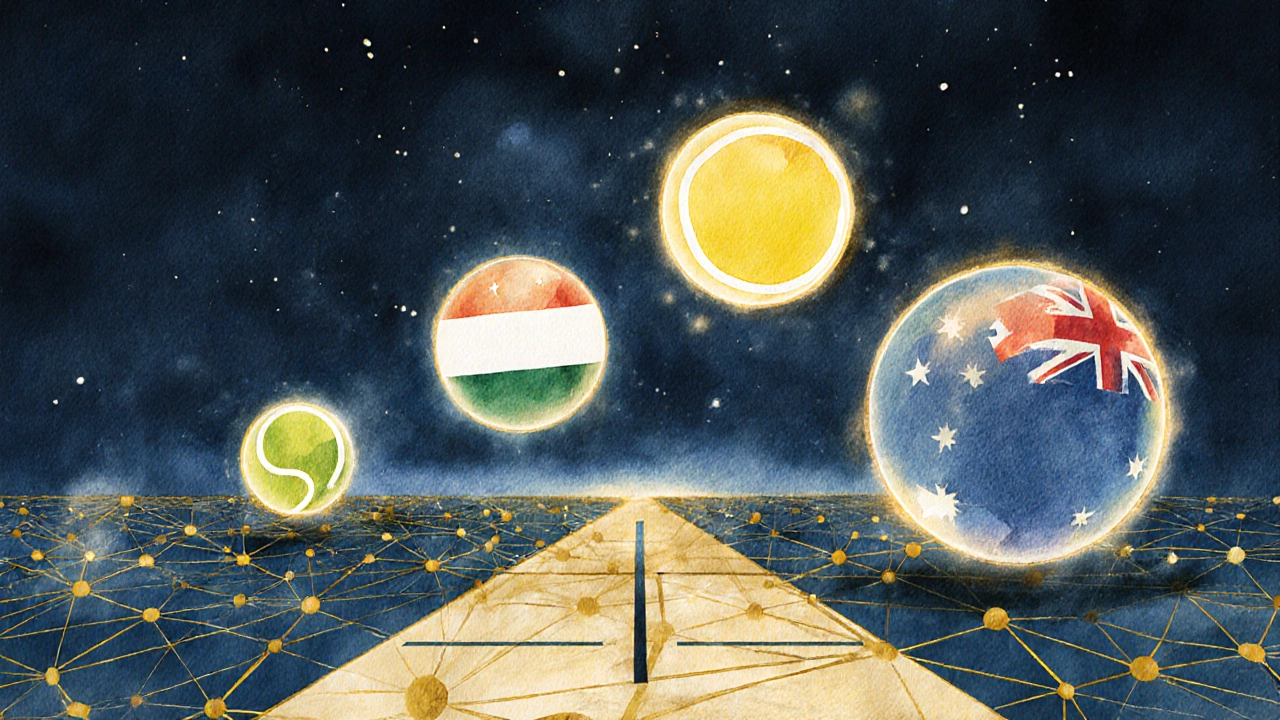 A split-screen artistic calendar showing Grand Slams as glowing orbs separate from ATP Tour events.