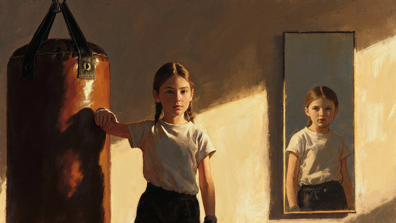 A young girl standing confidently beside a punching bag, post-training, radiating quiet strength.