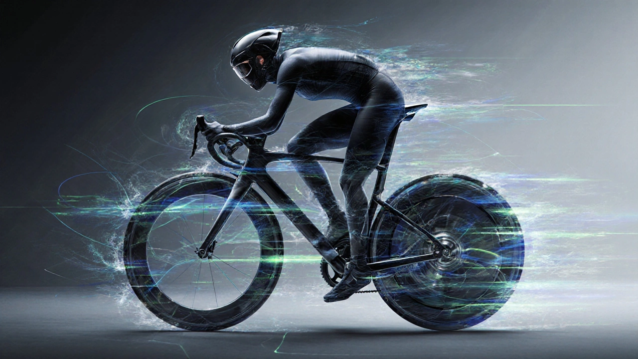 Cyclist and bike fused as one, with visible internal engineering and motion trails around them.
