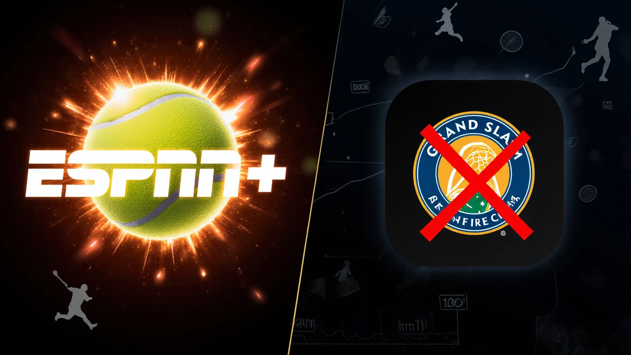 ESPN+ and Tennis TV icons side by side, with ESPN+ glowing and Tennis TV blocked from Grand Slams.