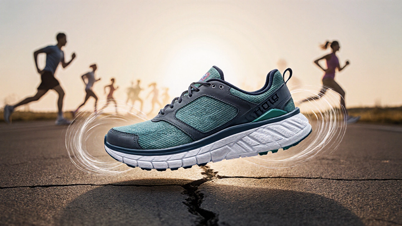 Floating Hoka shoe with energy waves radiating from its cushioned sole, symbolizing joint relief.